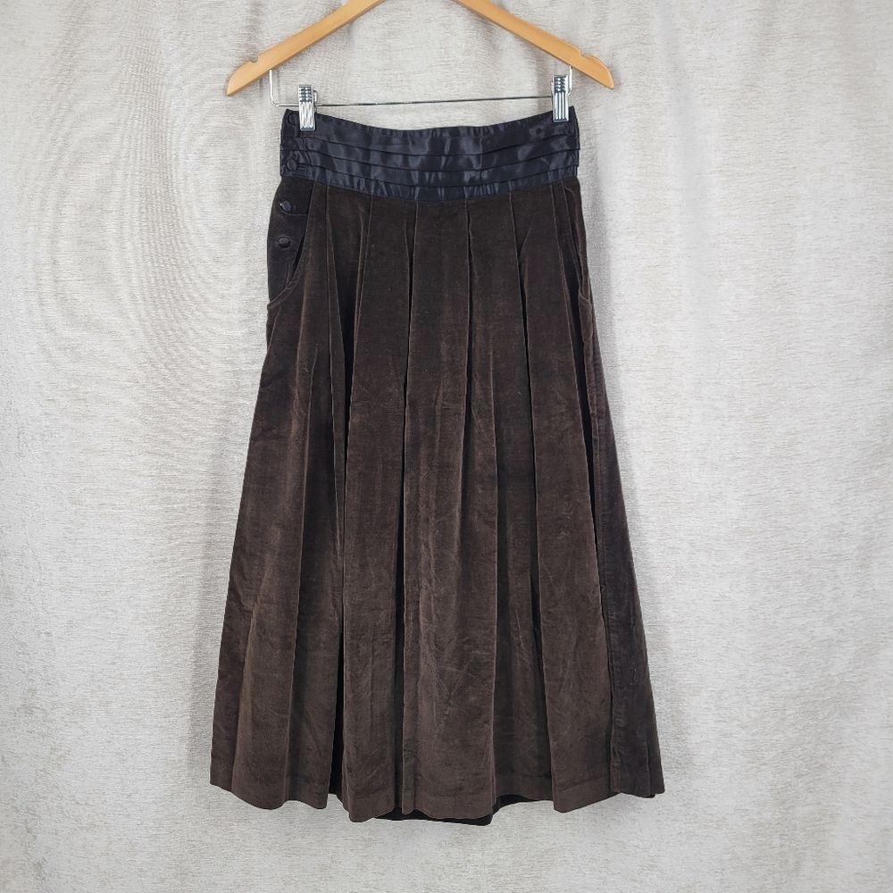 Vintage Brown Velvet Pleated Midi Skirt with Black Satin Waistband
